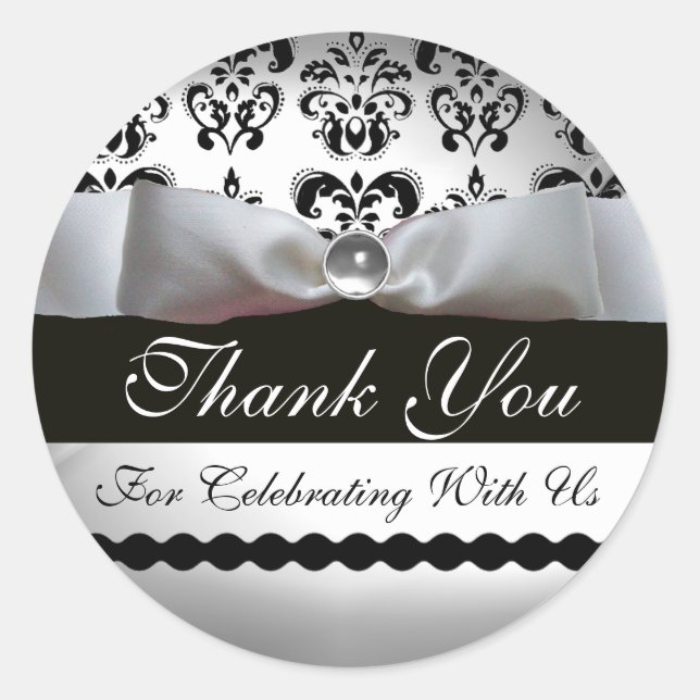 SCHWARZE UND WEISSE DAMASK RIBBON Edelstein Runder Aufkleber (Vorderseite)