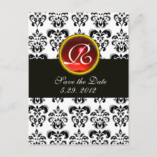 SCHWARZE UND WEISSE DAMASK ROTES RUBY-MONOGRAM ANKÜNDIGUNGSPOSTKARTE (Vorderseite)