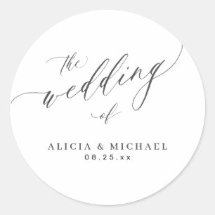 Schwarze und weiße elegante Kalligrafie-Hochzeit Runder Aufkleber