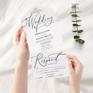 Schwarze und weiße elegante Kalligrafie-Schrift Ho All In One Einladung