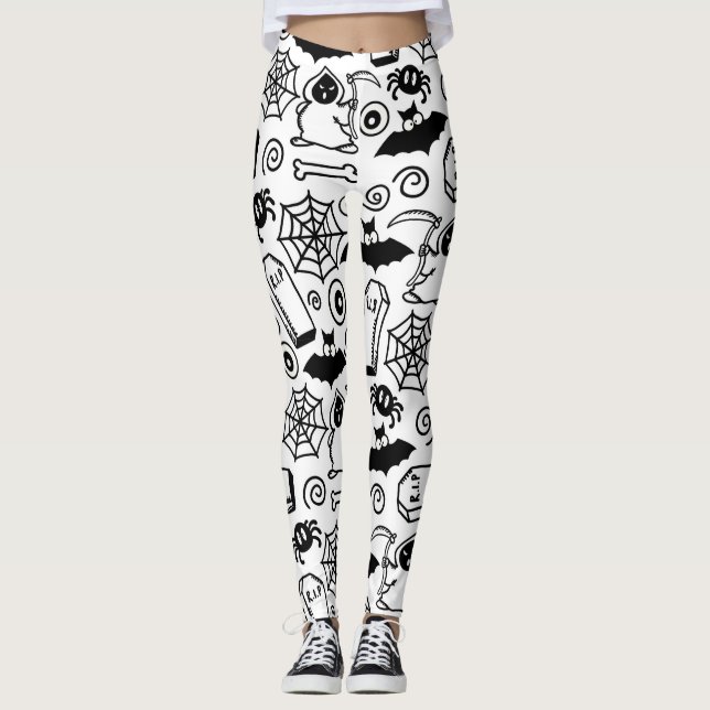 SCHWARZE UND WEISSE HALLOWEEN DOODLES LEGGINGS (Vorderseite)