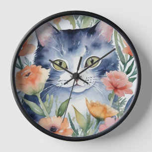SCHWARZE UND WEISSE KATZE IN BLUME WASSERKOLOWalle Uhr