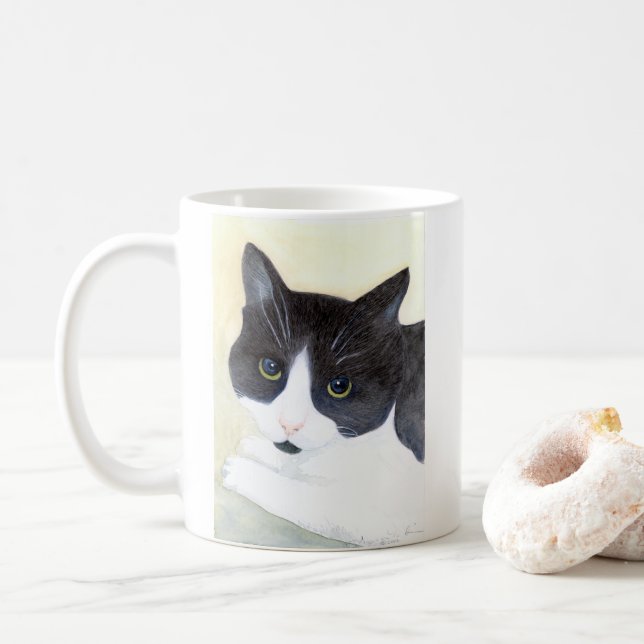 Schwarze und weiße Katze Kaffeetasse (Mit Donut)