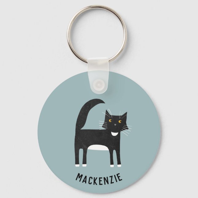 Schwarze und weiße Katze Personalisiert Schlüsselanhänger (Vorderseite)
