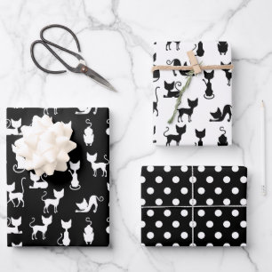 Schwarze und weiße Katze Silhoutte Geschenkpapier Set