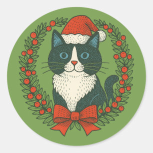 Schwarze und weiße Katze, Weihnachten Runder Aufkleber