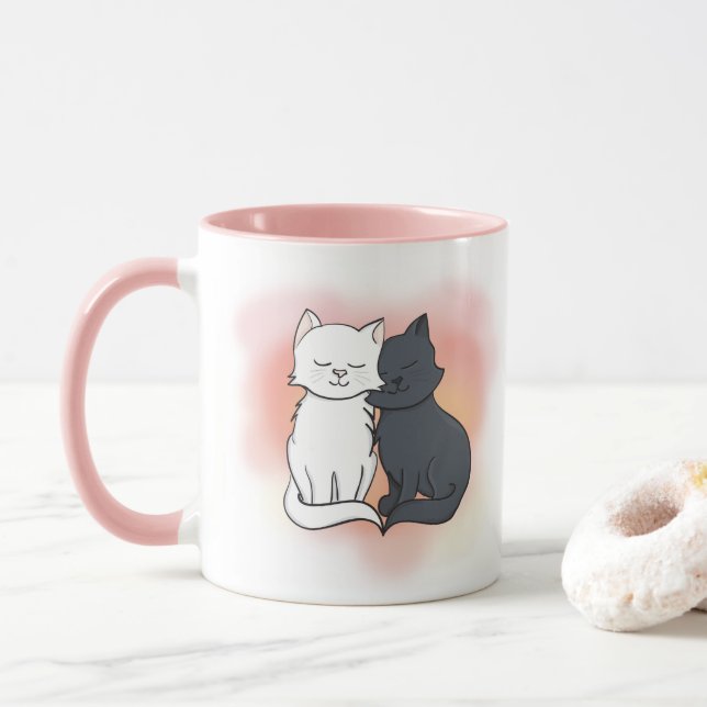 Schwarze und weiße Katzen in Liebe Dreamy Pink Tasse (Mit Donut)