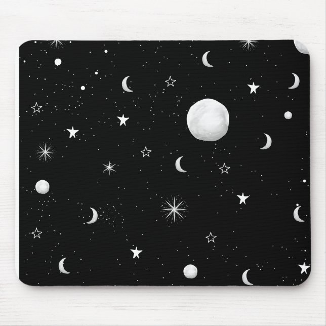 Schwarze und weiße Mond und Sterne Mousepad (Vorne)