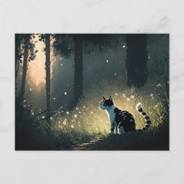 Schwarze und weiße Piebaldkat im Wald Postkarte