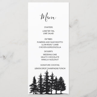 Schwarze und weiße Pinienbäume Winterhochzeit Menükarte