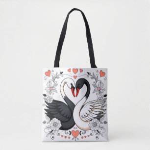 Schwarze und weiße Schwäne, umgeben von floralen D Tasche