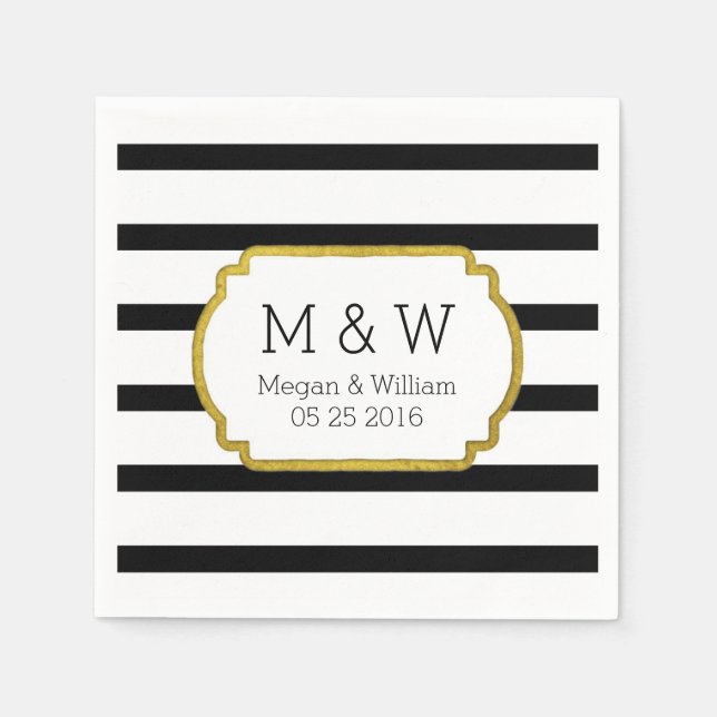 Schwarze und weiße Streifen Gold Hochzeiten Napkin Serviette (Vorderseite)