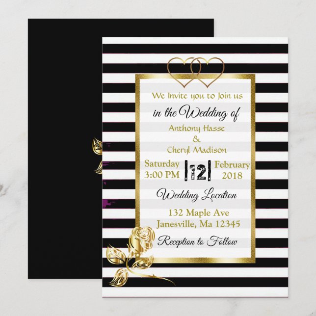 Schwarze und weiße Streifen Gold Hochzeitseinladun Einladung (Vorne/Hinten)