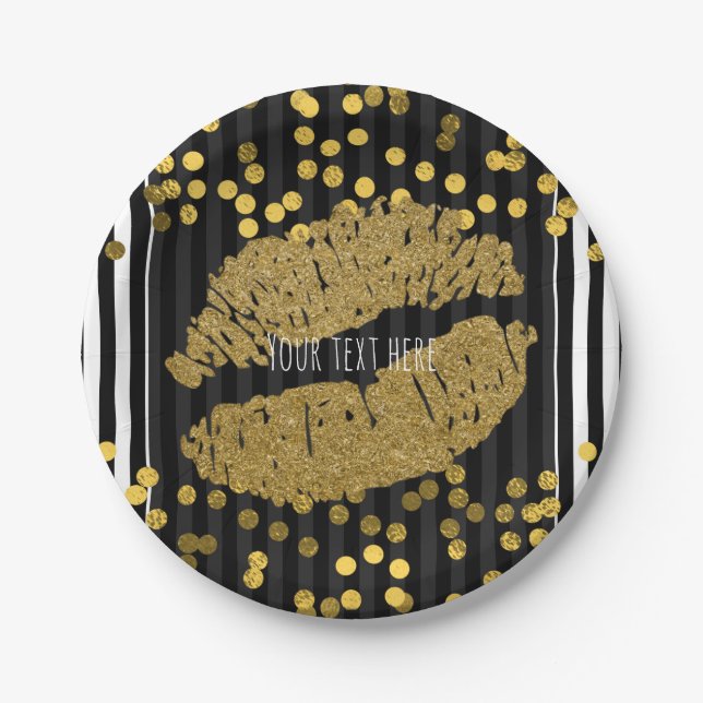 Schwarze und weiße Streifen Gold Lippen Kuss Pappteller (Vorderseite)