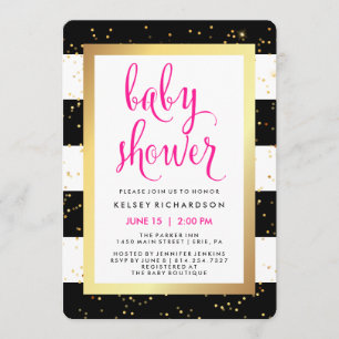 Schwarze und weiße Streifen mit Goldene Babydusche Einladung