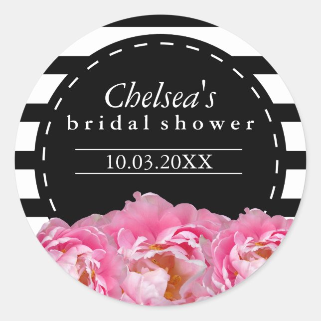 Schwarze und weiße Streifen mit rosa Blume Runder Aufkleber (Vorderseite)