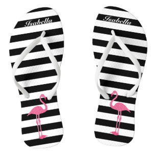 Schwarze und weiße Streifen mit 🦩 rosa Flaming Flip Flops