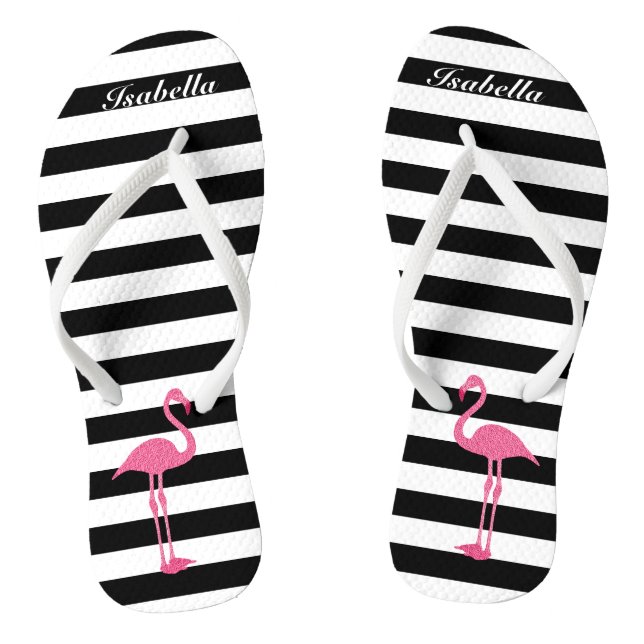 Schwarze und weiße Streifen mit 🦩 rosa Flamingo Flip Flops (Fußbett)