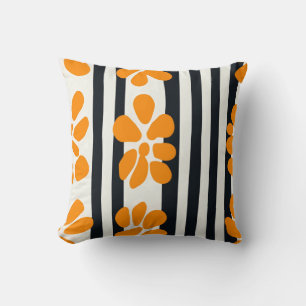Schwarze und weiße Streifen und orange MOD-Blume Kissen