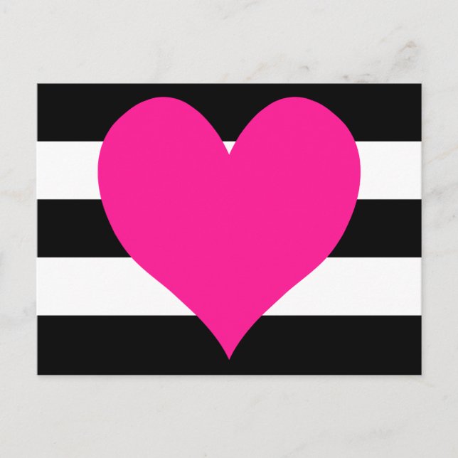 Schwarze und weiße Streifen Warmes rosa Herz Postkarte (Vorderseite)
