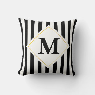 Schwarze und weiße Streifen Weißes Gold Monogramm Kissen