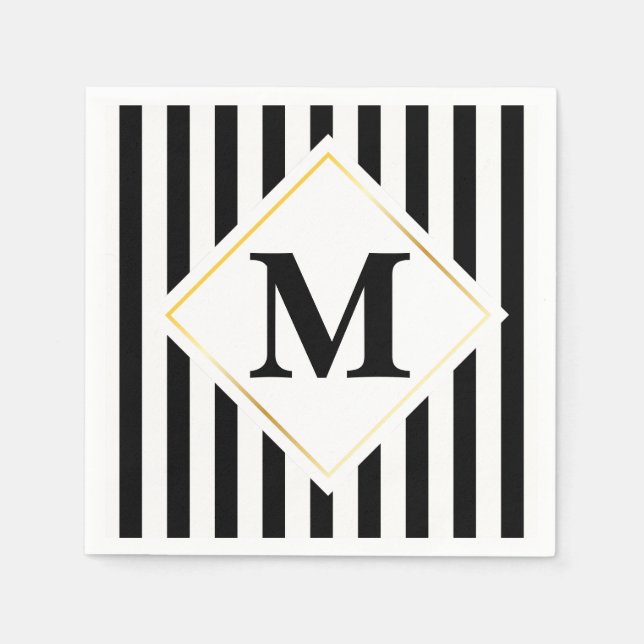 Schwarze und weiße Streifen Weißes Gold Monogramm Serviette (Vorderseite)