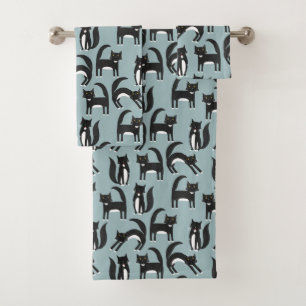 Schwarze und weiße Tuxedo-Katzen Badhandtuch Set