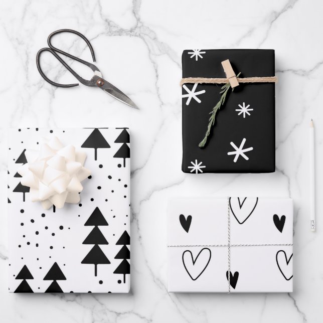 Schwarze und weiße Weihnachtsbäume Schneeflocken H Geschenkpapier Set (Vorderseite)
