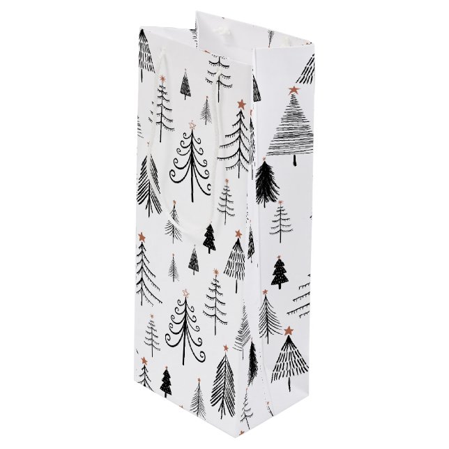 Schwarze und weiße Weihnachtsbaumen Geschenktüte Für Weinflaschen (Vorderseite Schrägansicht)