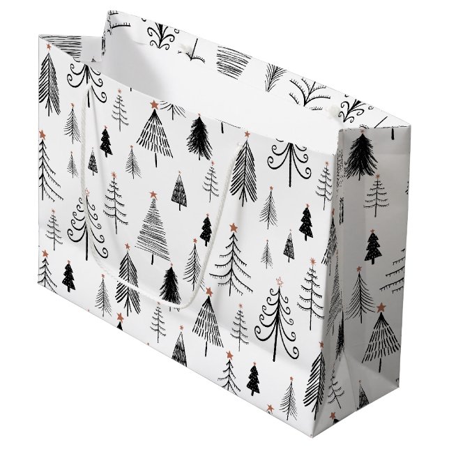 Schwarze und weiße Weihnachtsbaumen Große Geschenktüte (Vorderseite Schrägansicht)