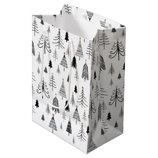 Schwarze und weiße Weihnachtsbaumen Mittlere Geschenktüte (Vorderseite Schrägansicht)