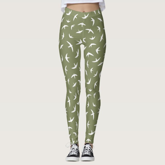 Schwarze und weiße weiße Vogeldrucke Leggings (Vorderseite)