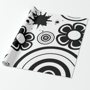 Schwarze und weiße wunderliche Blumen, Kreise, Spr Geschenkpapier