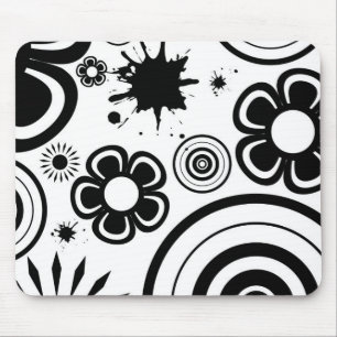 Schwarze und weiße wunderliche Blumen, Kreise, Spr Mousepad