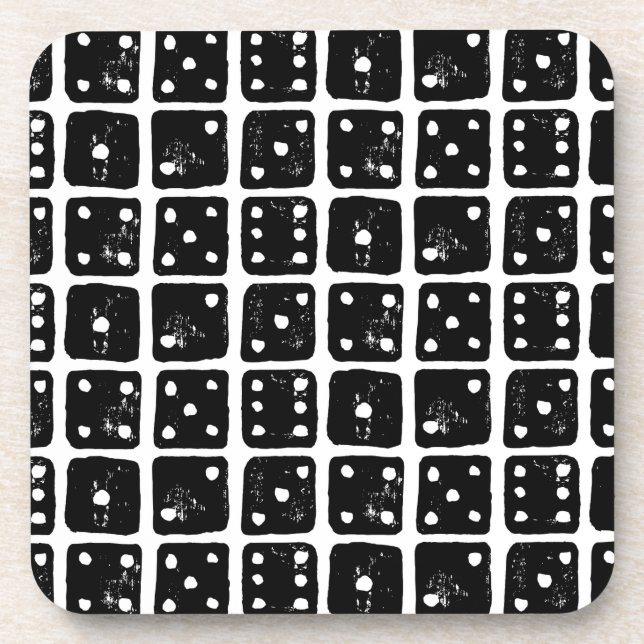 Schwarze und weiße Würfel 1-6 Rustikale Linocut Getränkeuntersetzer (Vorderseite)