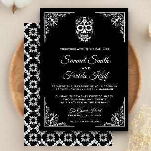 Schwarze und weiße Zucker-Schädel-Hochzeitseinladu Einladung
