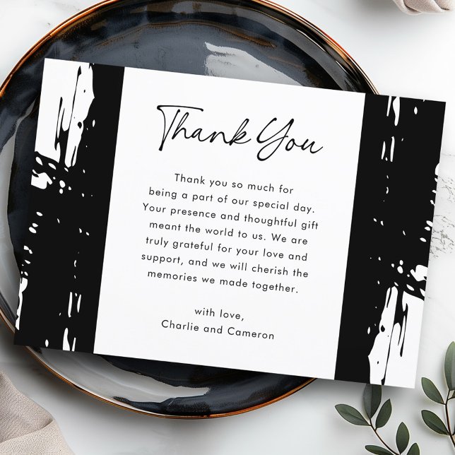 Schwarze, unordentliche Pinselstriche - Hochzeit d Dankeskarte (Black messy brushstrokes modern photo wedding thank you card)