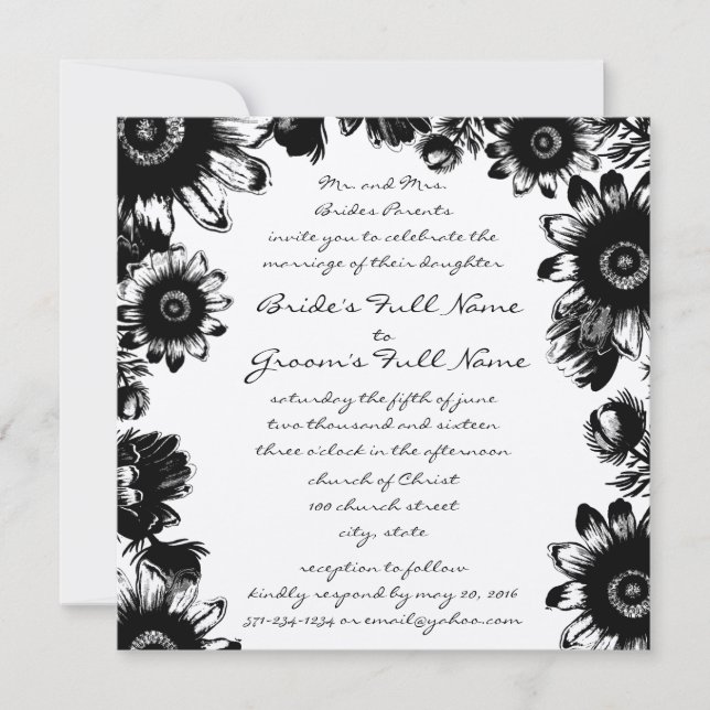 Schwarze Vintage Blume Einladung zur Hochzeit (Vorderseite)
