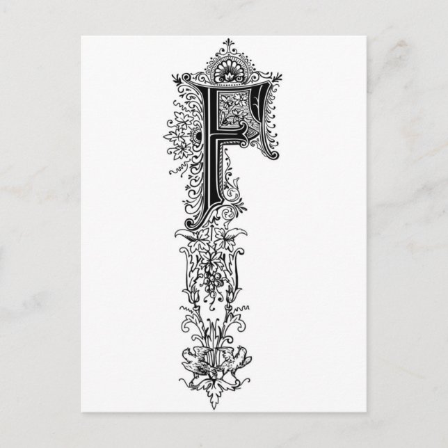 Schwarze Vintage Floral Monogramm F Anfangsbuchsta Postkarte (Vorderseite)