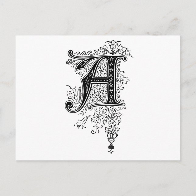Schwarze Vintage Monogram A Script Floral Postkarte (Vorderseite)