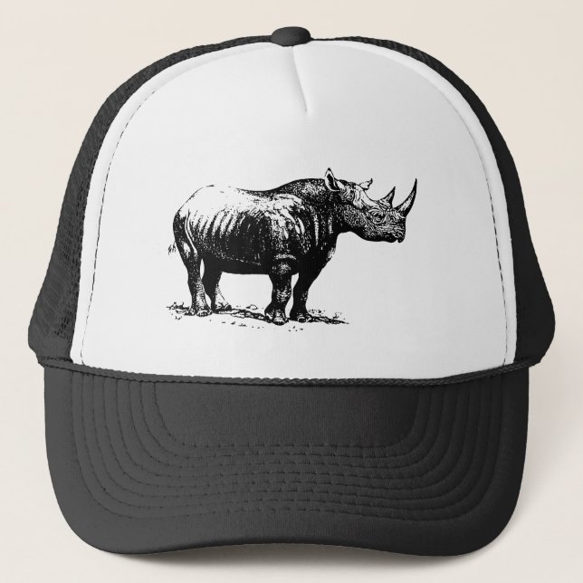 Schwarze Vintage Nashorn-Linie Kunst Truckerkappe (Vorderseite)