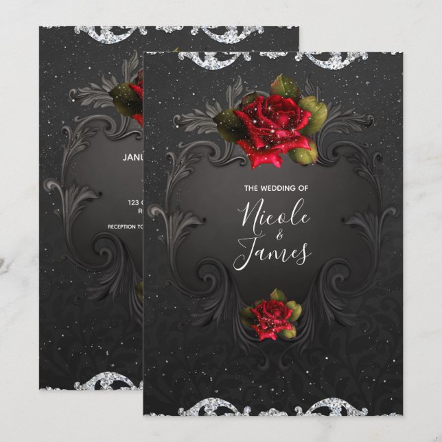 Schwarze Vintage Ornamentalhochzeit Einladung (Vorne/Hinten)