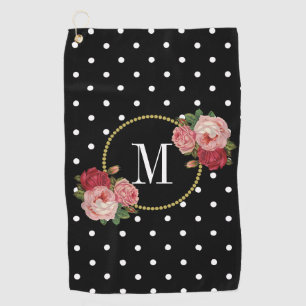 Schwarze Vintage Polka Dots Rose Spaß Monogramm Golfhandtuch