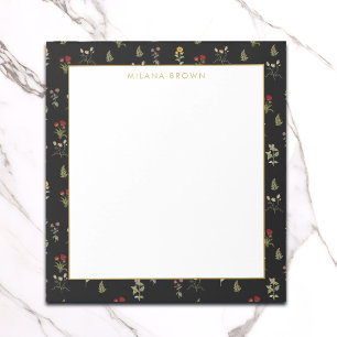 Schwarze Vintage-Wildblume & Gold Name Notizblock