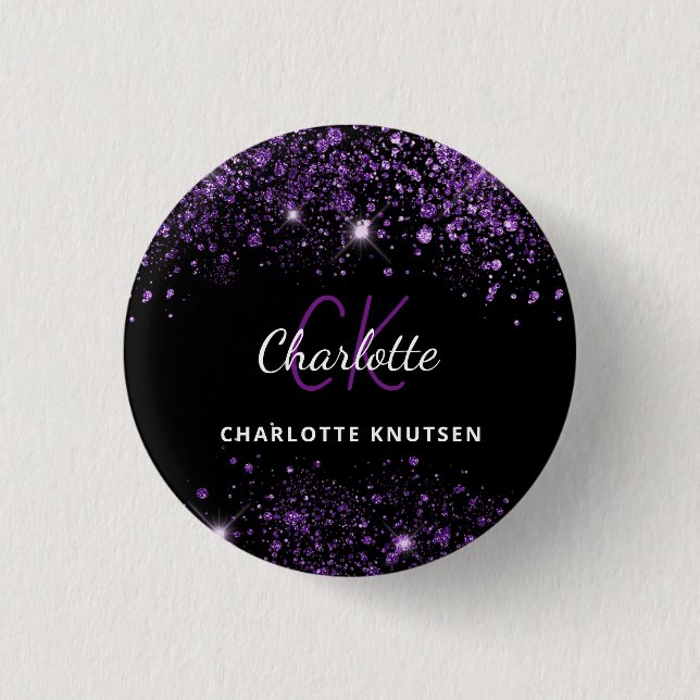 Schwarze violette Glitter-Monogramm-Initialen Button (Vorderseite)