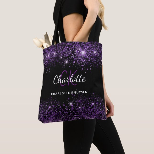 Schwarze violette Glitter-Monogramm-Initialen Name Tasche (Von Nahem)