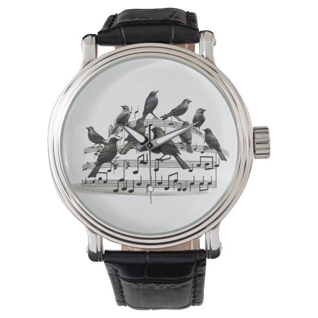 Schwarze Vögel auf einer musikalischen Komposition Armbanduhr (Vorderseite)