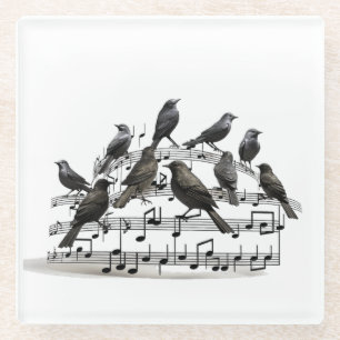 Schwarze Vögel auf einer musikalischen Komposition Glasuntersetzer