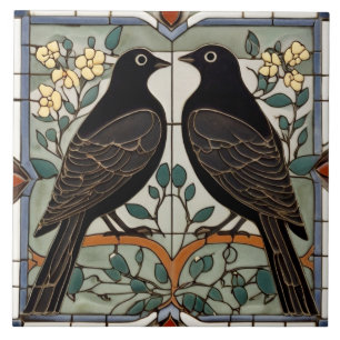 Schwarze Vögel Faux-Buntglas-Vogelpaar Fliese