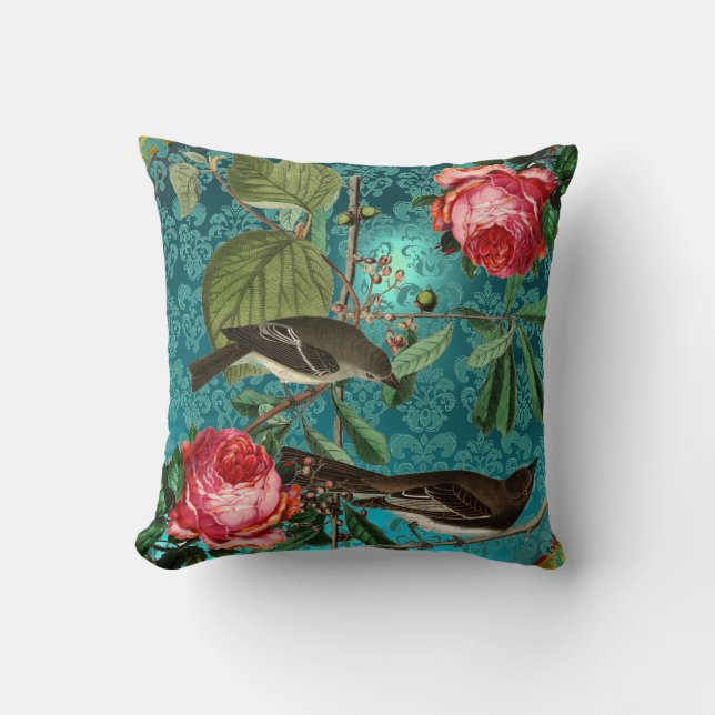 SCHWARZE VÖGEL, ROSEN AQUA BLAU, AQUAMARINER DAMAS KISSEN (Vorderseite)